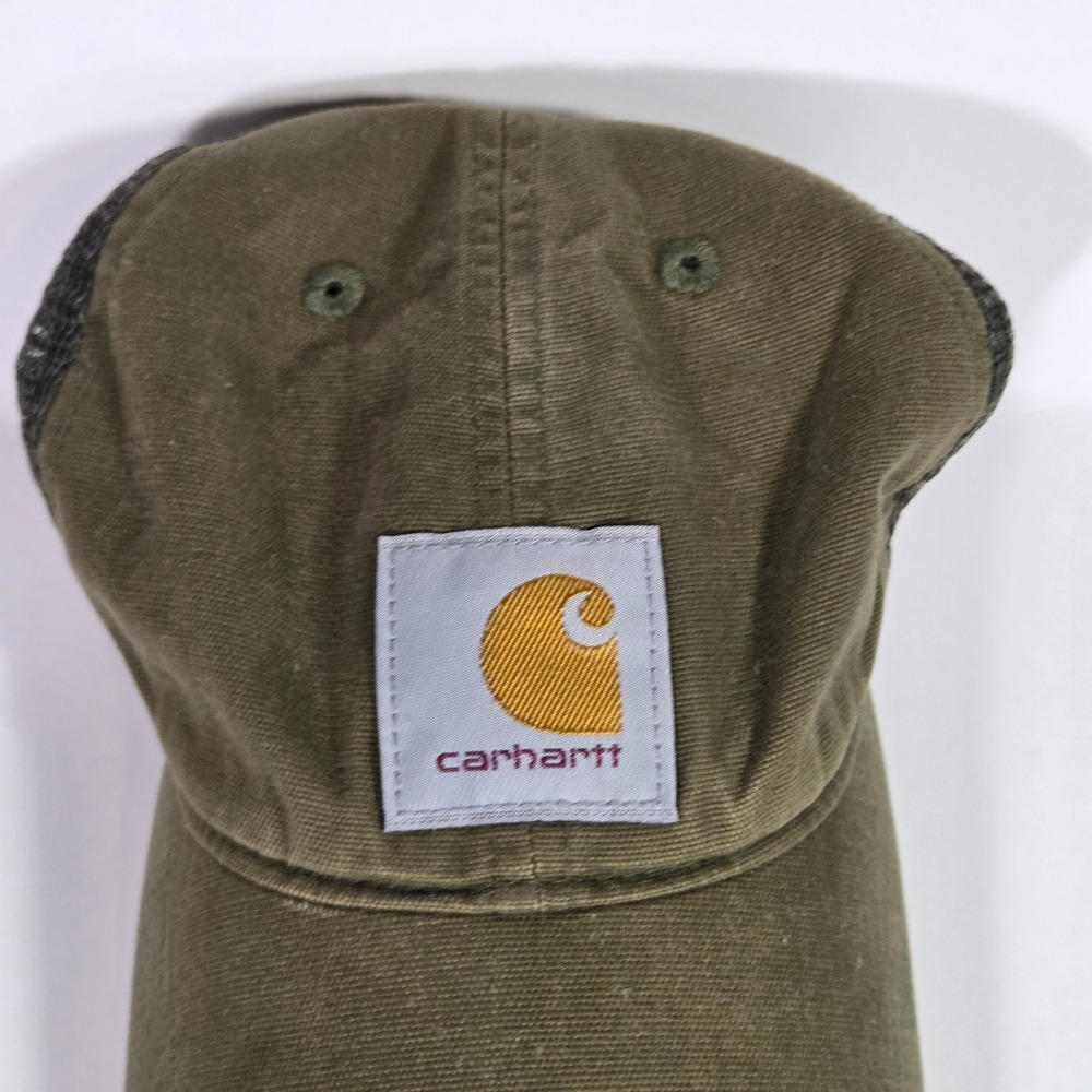 Carhartt Trucker Hat Mens OSFA Olive Green Canvas Mesh Snapback Logo Cap - Picture 2 of 5